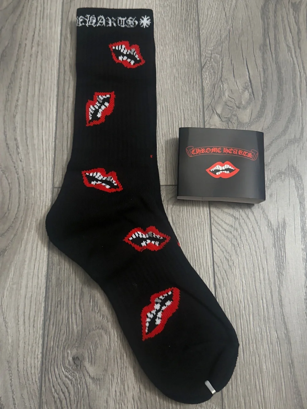 Chrome Hearts Black Socks with Red and White Lip Motif brand new